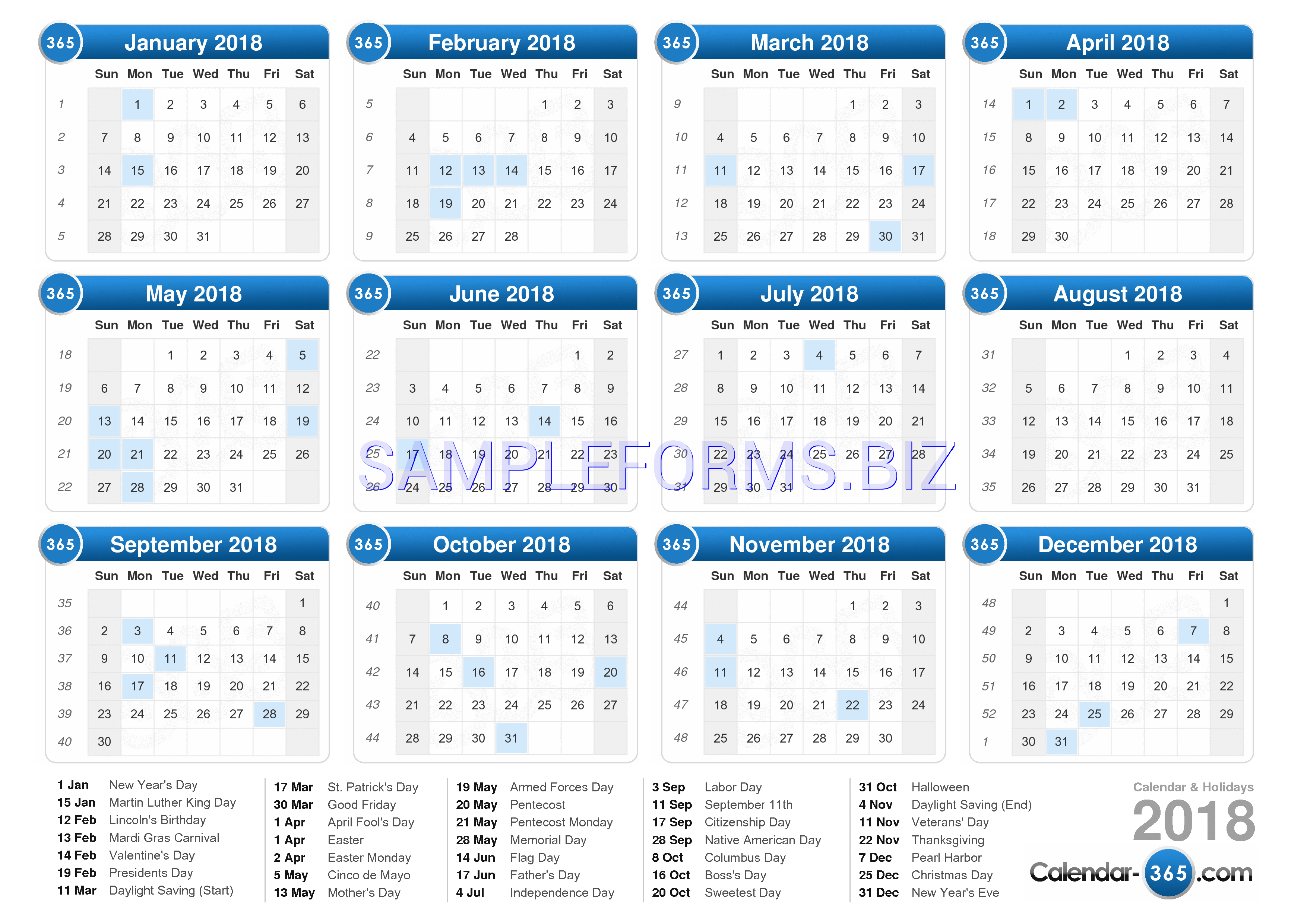 Preview free downloadable 2018 Yearly Calendar 2 in PDF (page 1)